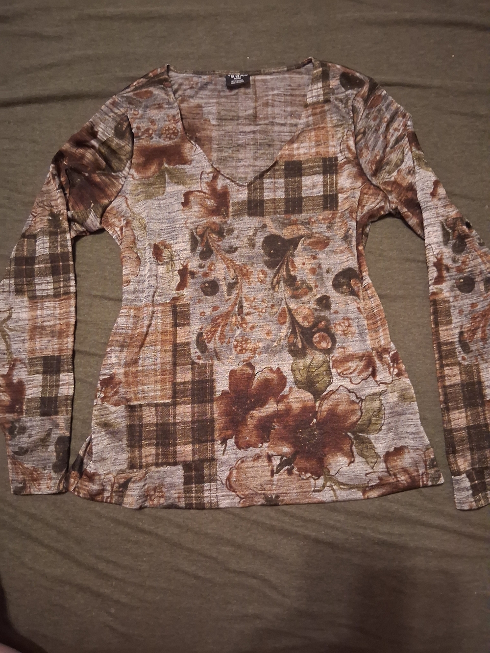 Tribal Brown Floral Plaid V-Neck Long Sleeve Top